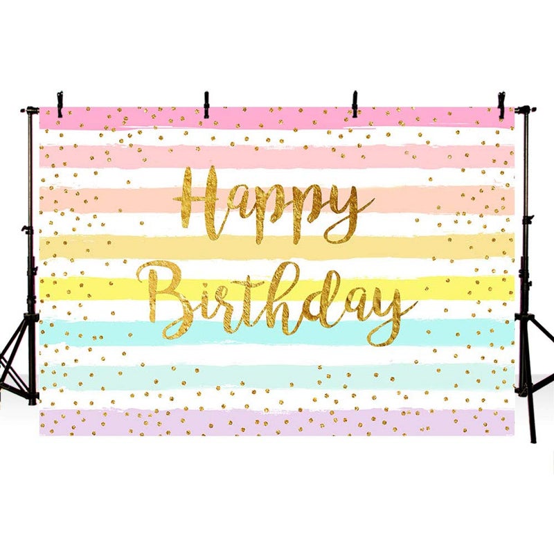 MEHOFOND Rainbow Stripes Happy Birthday Backdrop Party Decoration for Childs Adults Colorful Golden Dot Birthday Photography Background Supplies Banner of Cake Table Studio Photo Props 7x5ft - Image 3